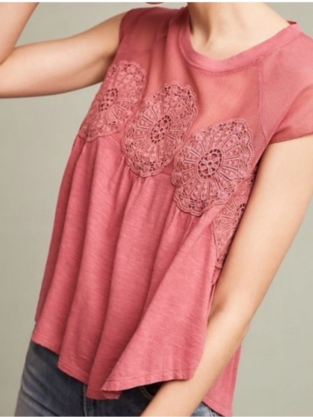 Anthropologie Meadow Rue Pink Mesh Lace Crochet Medallion Slub Knit Top XL NEW